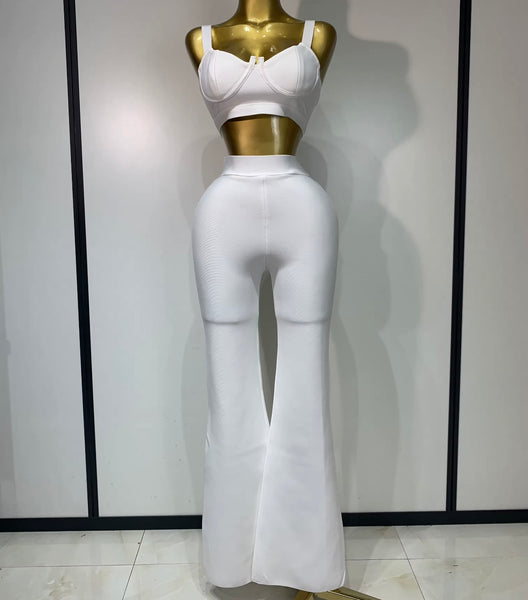 Women Color Sleeveless Sexy Crop Two Piece Pant Set