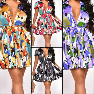 Women Sexy Multicolored Print Short Sleeve Pleated Dress