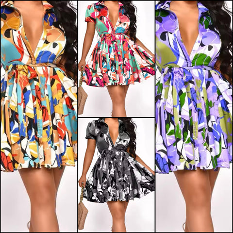 Women Sexy Multicolored Print Short Sleeve Pleated Dress