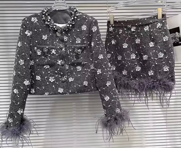Women Gray Floral Rhinestone Feather Blazer Two Piece Skirt Set