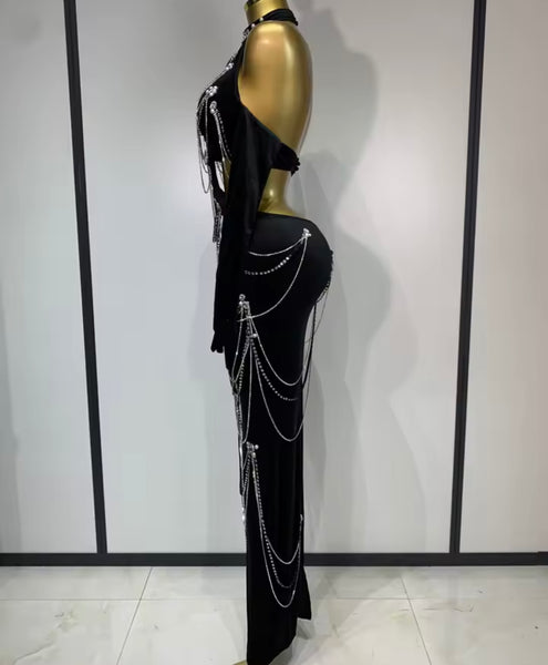 Women Black Sexy Chain Cut Out Open Back Velour Maxi Dress