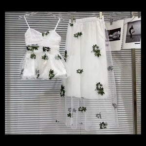 Women White Floral Print Mesh Sleeveless Two Piece Maxi Skirt Set