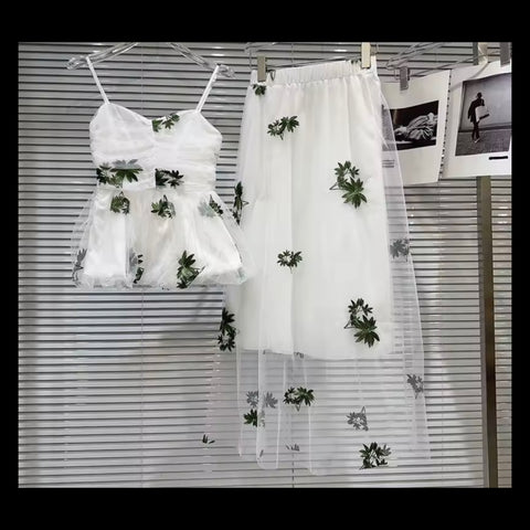 Women White Floral Print Mesh Sleeveless Two Piece Maxi Skirt Set