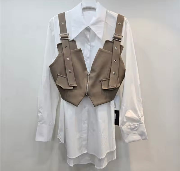 Women White Button Up Full Sleeve Two Piece Top