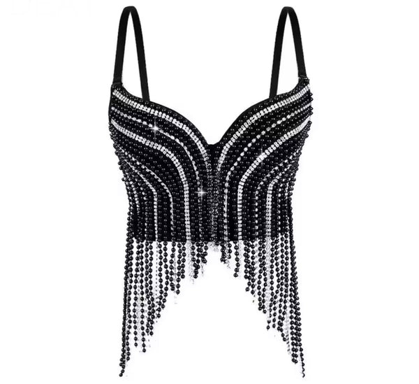 Women Fashion Sleeveless Beaded Bling Tassel Crop Top