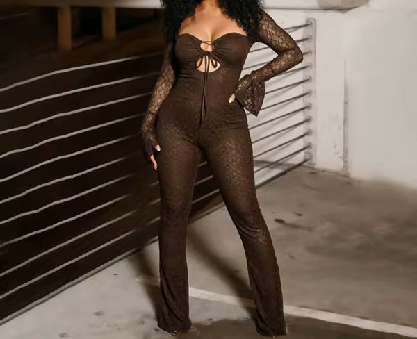 Women Sexy Lace Tie Up Open Back Full Sleeve Jumpsuit