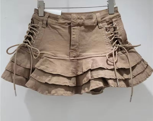 Women Fashion Color Tie Up Ruffled Denim Skirt