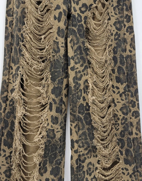 Women Ripped Leopard Print Fashion Denim Pants