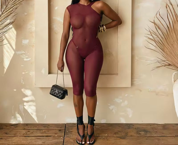 Women Sexy See Through Mesh One Shoulder Sleeveless Romper