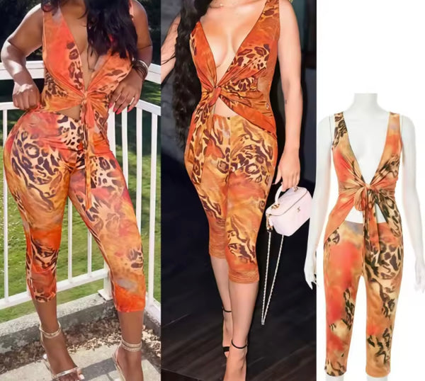 Women Sexy Sleeveless Orange Animal Print Two Piece Capri Pant Set