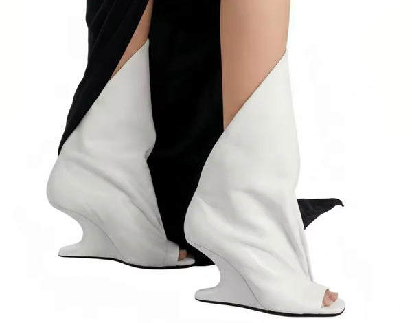 Women Fashion Open Toe Wedge Platform Ruched Boots