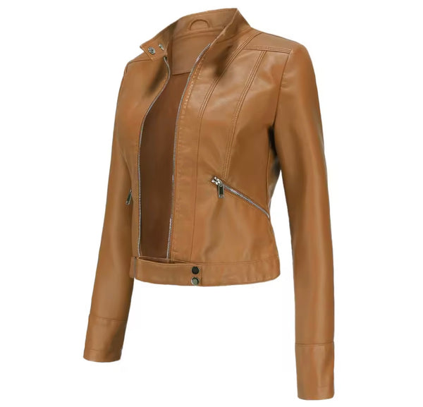 Women Color Zip Up Faux Leather Jacket