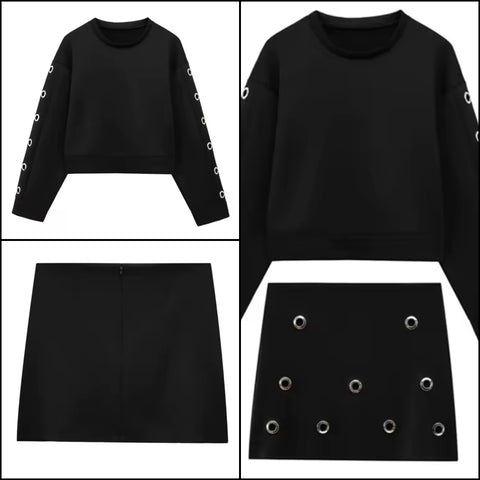 Women Fashion Black Metal Ring Two Piece Sweater Skirt Set