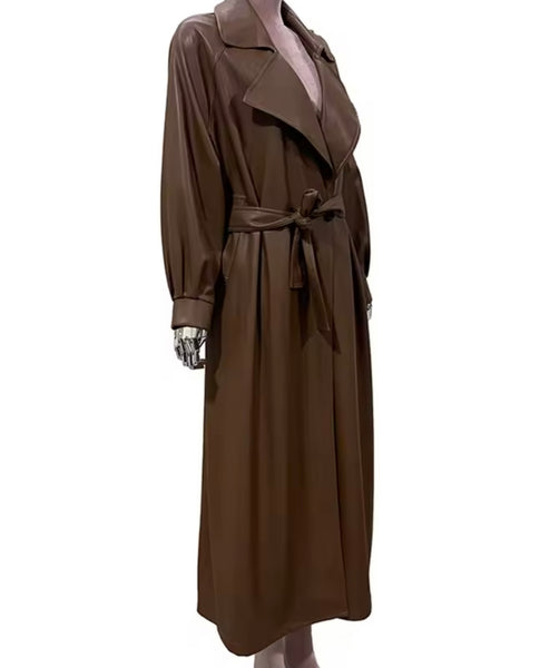 Women Fashion Brown Button Belted Faux Leather Trench Jacket
