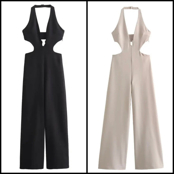 Women Sexy Halter Sleeveless Solid Color Fashion Jumpsuit