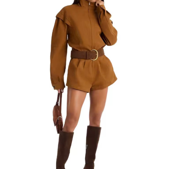 Women Fashion Brown Collar Full Sleeve Romper