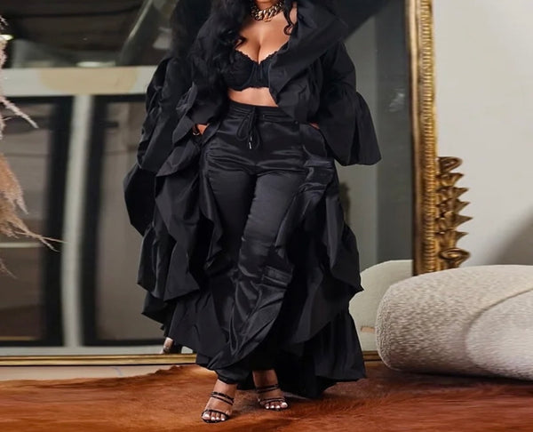 Women Black Hooded Ruffled Long Jacket