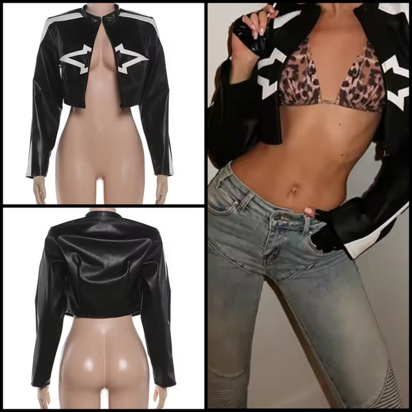 Women Fashion B&W Star Striped Faux Leather Crop Jacket