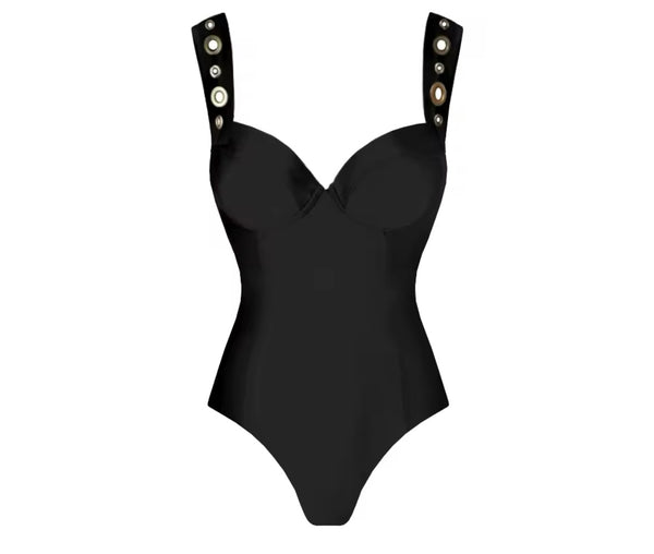 Women Sexy Black Metal Cut Out Swimsuit Cover Up Set