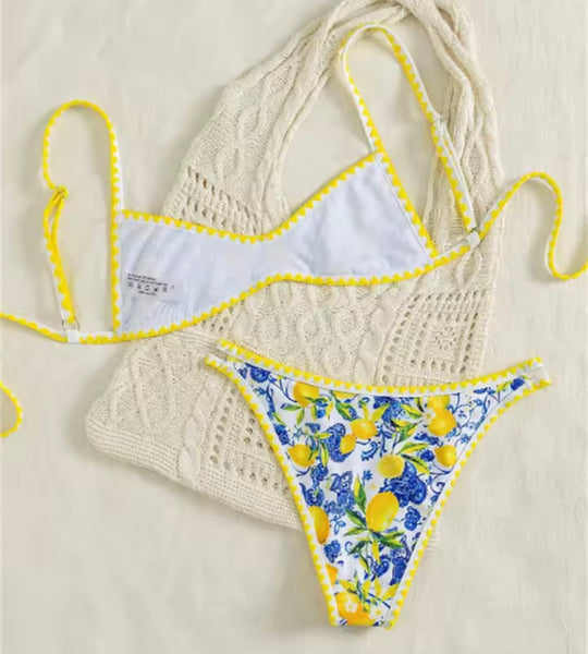Women Sexy Lemon Print Bikini Swimsuit