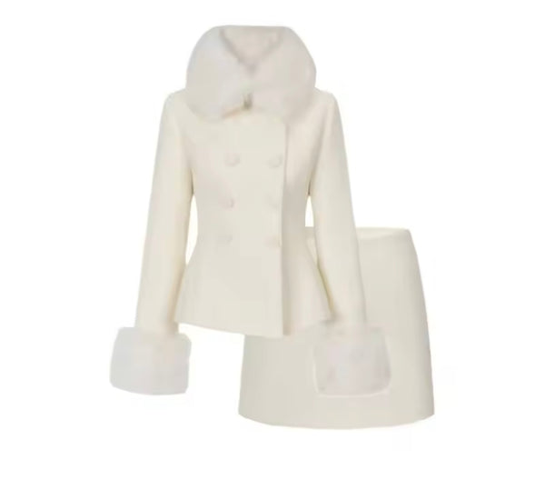 Women Button Up Faux Fur Patchwork Blazer Two Piece Skirt Set