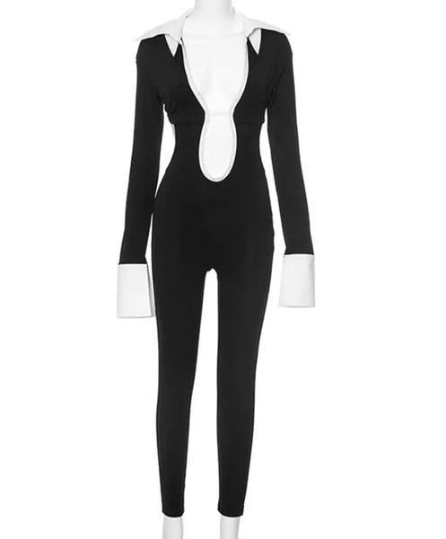 Women Sexy B&W Collar Full Sleeve Open Back Jumpsuit