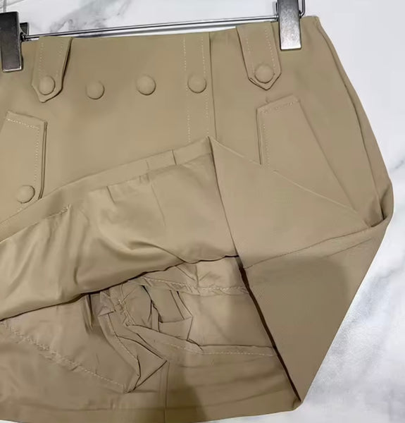 Women Fashion Khaki Button Up Two Piece Skirt Set