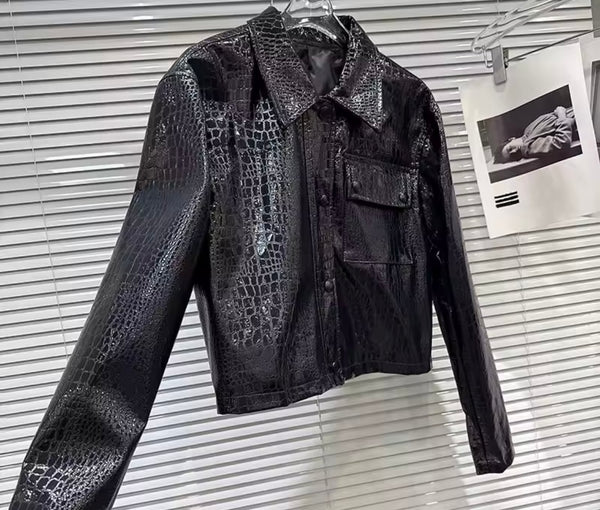 Women Fashion Faux Leather Two Piece Black Jacket Pant Set