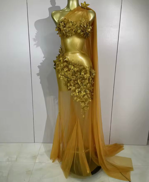 Women Sexy One Shoulder Sleeveless 3D Floral Mesh Maxi Dress