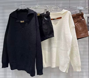 Women Fashion Buckled Sweater Two Piece Faux Leather Short Set