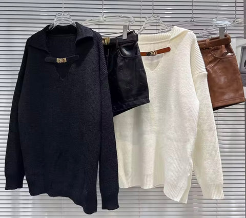 Women Fashion Buckled Sweater Two Piece Faux Leather Short Set