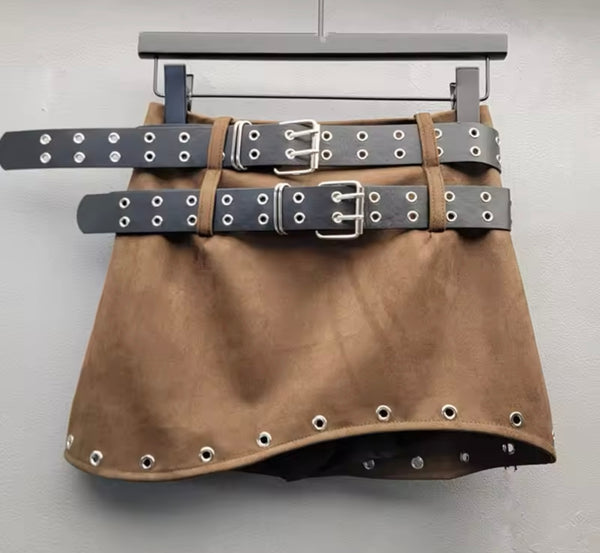 Women Fashion Rivet Double Belt Suede Skirt