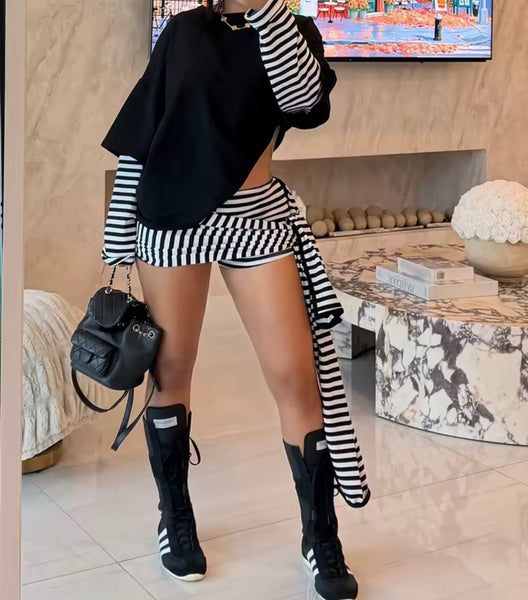 Women Color Striped Full Sleeve Fashion Two Piece Wrap Skirt Set