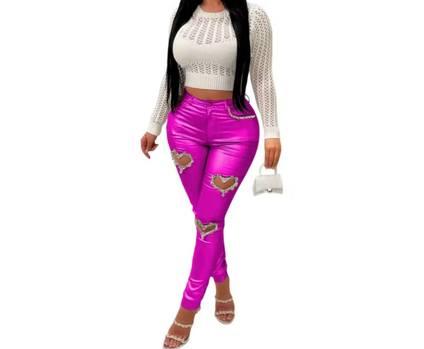 Women Fashion Rhinestone Heart Cut Out PU Pants