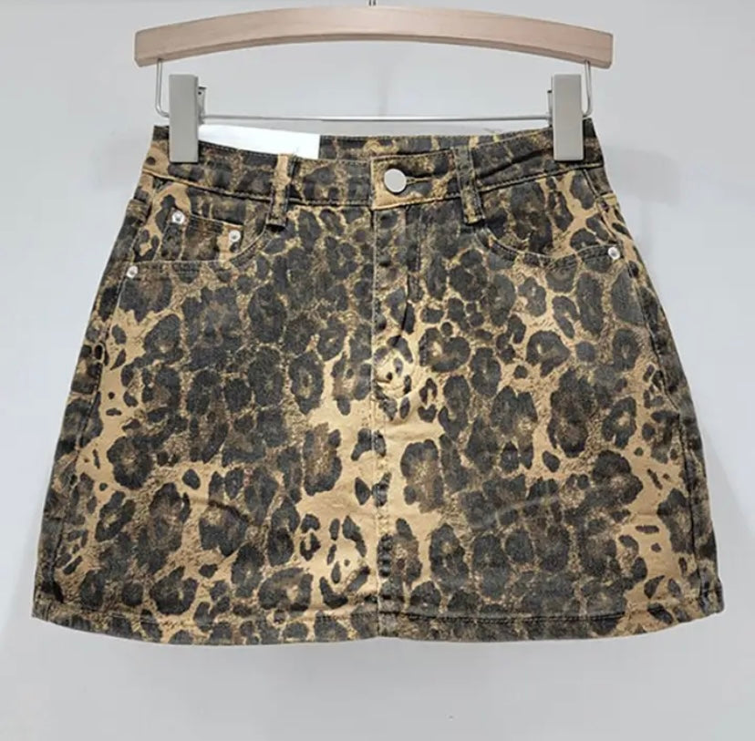 Women Fashion Color Leopard Print Denim Skirt