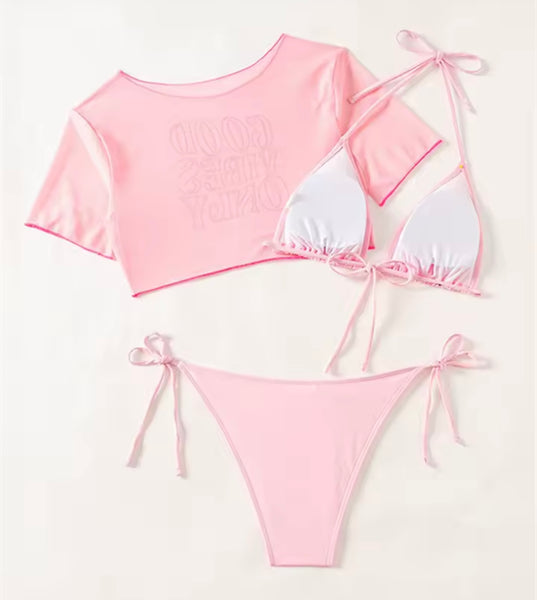 Women Pink Sexy Bikini Letter Print Mesh Cover Up Set