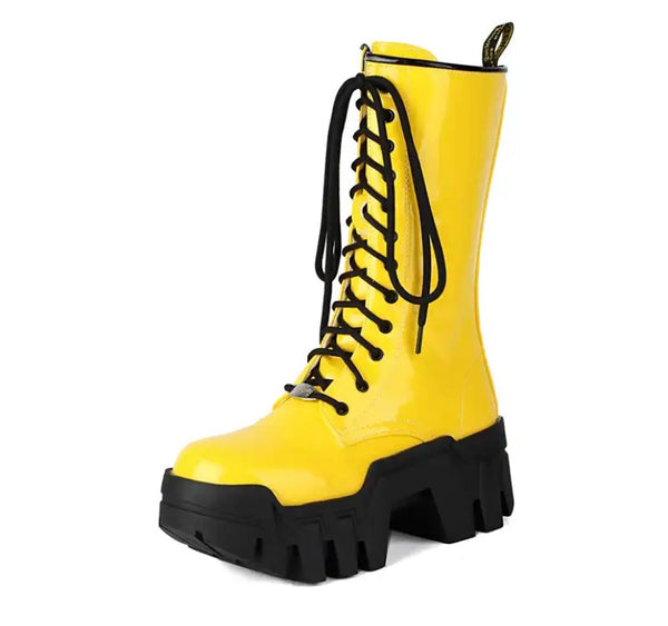 Women Fashion Color Patent Leather Lace Up Boots