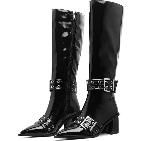 Women Fashion Pointed Toe Buckled Flat Knee High Boots