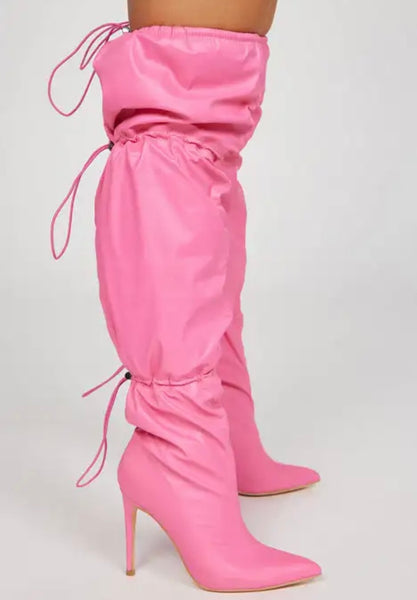 Women Fashion Faux Leather Pink Drawstring Knee High Boots