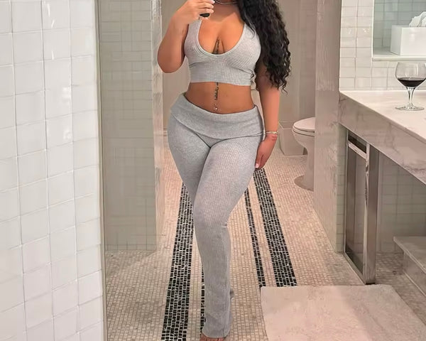 Women Sexy Halter Sleeveless Ribbed Two Piece Pant Set