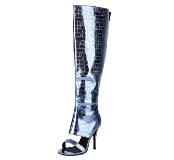 Women Fashion Open Toe Metallic Knee High Boots