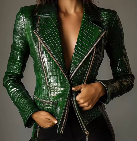 Women Green Zip Up Fashion Faux Leather Jacket