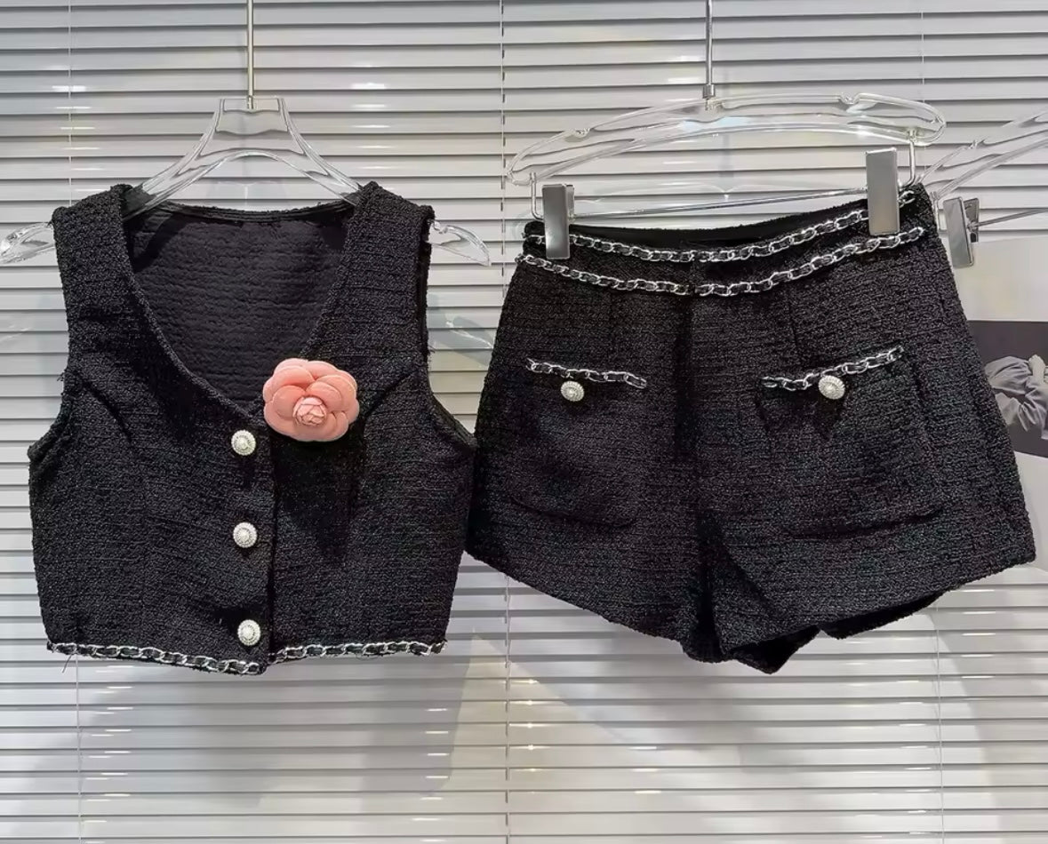 Women Button Up Flower Chain Sleeveless Tweed Two Piece Short Set