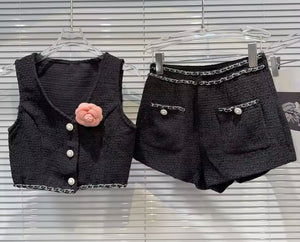 Women Button Up Flower Chain Sleeveless Tweed Two Piece Short Set