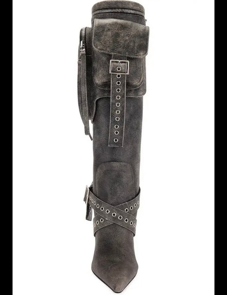 Women Fashion Denim Detachable Buckled Knee High Boots