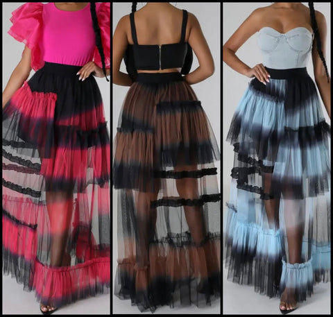 Women Color Patchwork Ruffled Mesh Maxi Skirt