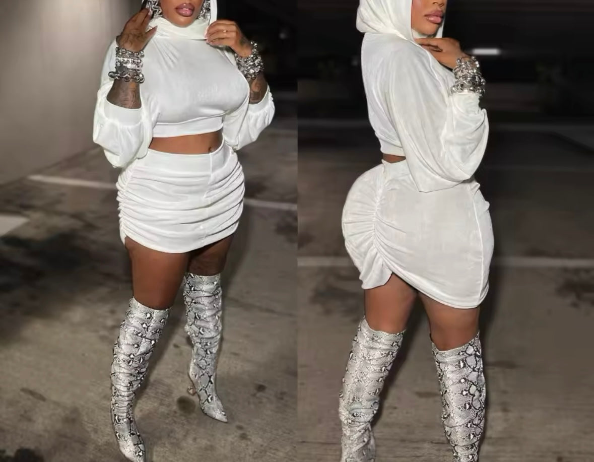 Women White Sexy Hooded Ruched Full Sleeve Two Piece Skirt Set