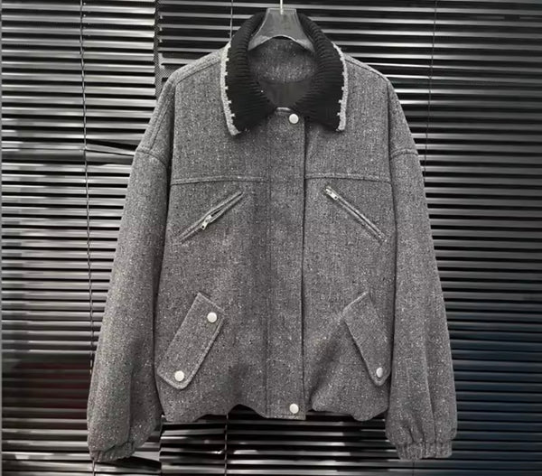 Women Gray Tie Fashion Jacket Two Piece Skirt Set