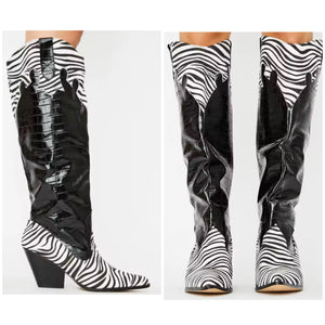 Women Fashion B&W Animal Print Knee High Western Boots