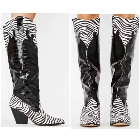 Women Fashion B&W Animal Print Knee High Western Boots